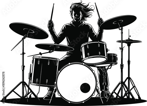 Drummer silhouette performance, drum kit musician action, live music concert energy, percussion instrument illustration, black vector isolated