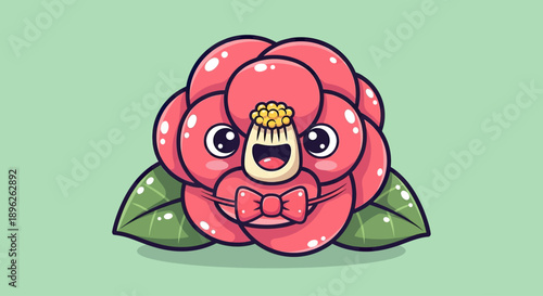 Cute Camellia Flower Character with Bow Tie, Kawaii Style