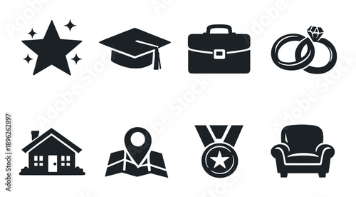 Collection of icons: star, graduation cap, briefcase, rings, house, map pin, medal, armchair