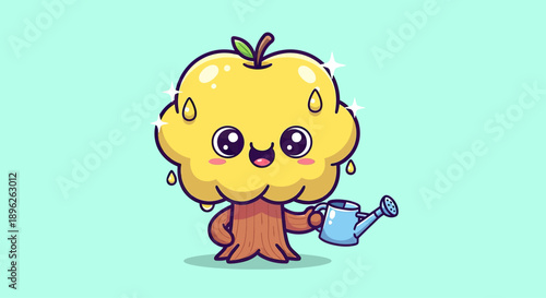 Cute Apple Tree Character Watering Itself with a Watering Can