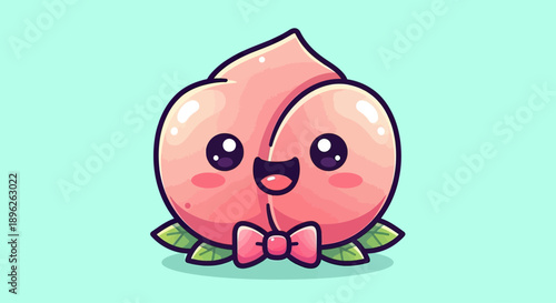 Cute Kawaii Peach Character with Bow Tie Vector Illustration