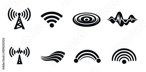 Set of black wireless and signal icons on gray background