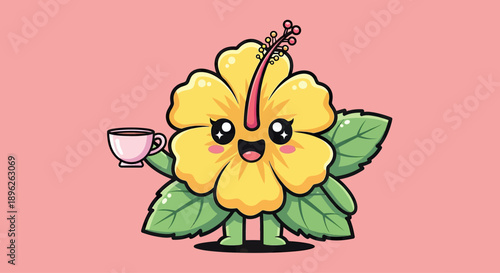 Cute Yellow Hibiscus Flower Character Holding Coffee Cup Vector