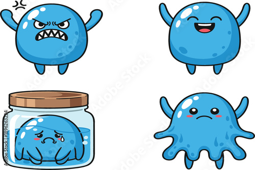 Set of blue slime monster characters with different facial expressions and emotions including angry happy and sad in a jar vector illustration.