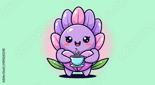 Cute Kawaii Flower Character Holding a Coffee Cup Vector