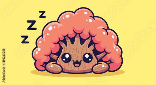 Cute Sleeping Tree Character with Pink Foliage