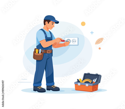 Electrician installing outlet with tools, flat vector illustration