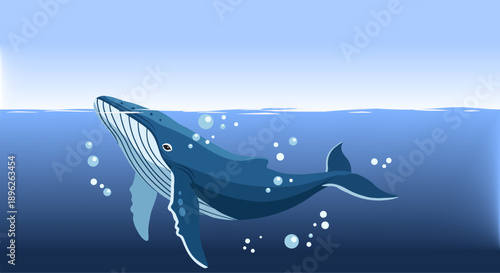Majestic Blue Humpback Whale Swimming in Ocean surface