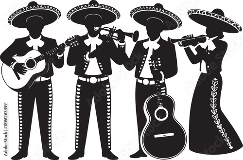Mariachi Band Silhouette with Guitar and Trumpet Players, Festive Mexican Music