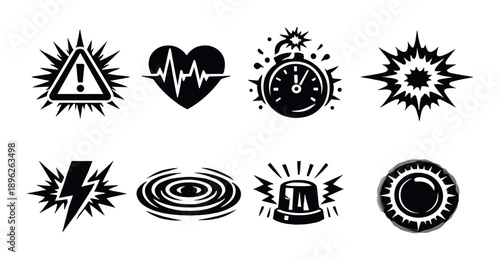 Set of eight vector warning and alert icons in black and white design