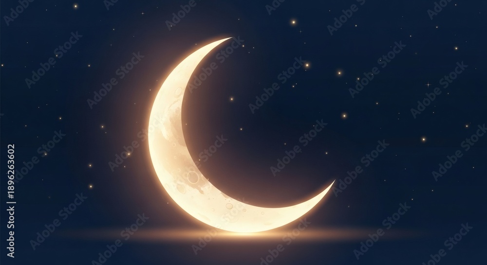 Naklejka premium Illustration of a golden crescent moon shining brightly above the horizon with a star-studded night sky in the background.