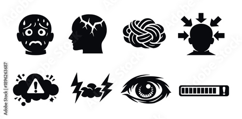 Mental health icon set: anxiety, stress, overthinking, focus, exhaustion, awareness