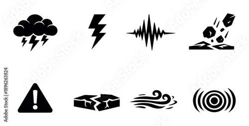 Collection of weather and natural disaster warning symbols in black silhouettes
