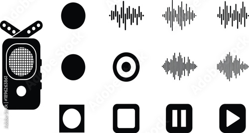 Digital Audio Recorder Icon Set with Sound Waves and Playback Buttons for Podcasting Journalism and Voice Recording Studio Equipment Icons