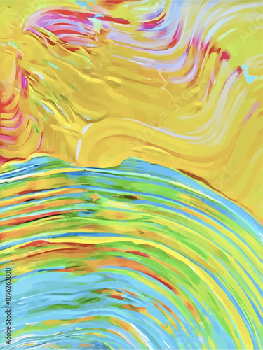 Abstract acrylic painting with curvy brushstrokes depicting yellow sunlight over green grass intertwined with bright flowers and cyan waves; vector background for uplifting spring and summer designs.
