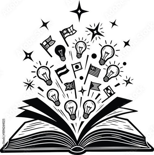 Linocut Black Vector Open Book With Flags Lightbulbs Stars Emerging Celebration Knowledge Icon