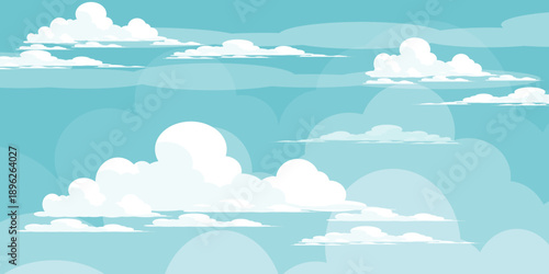 Illustration of a blue sky with white clouds in a flat style. Blue sky background and white clouds. Cartoon sky