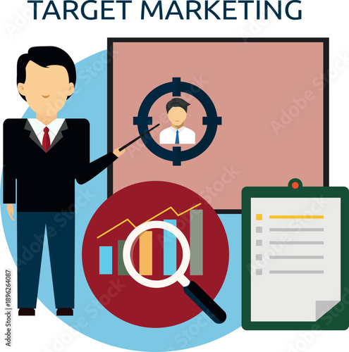Flat vector illustration of target marketing concept showing businessman presenting customer targeting, market segmentation, data analysis, and marketing strategy. Features target icon, customer profi