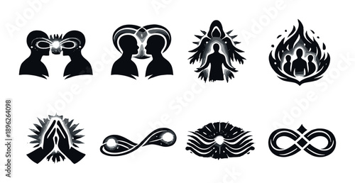 Abstract human silhouettes with light accents and infinity symbols on dark background