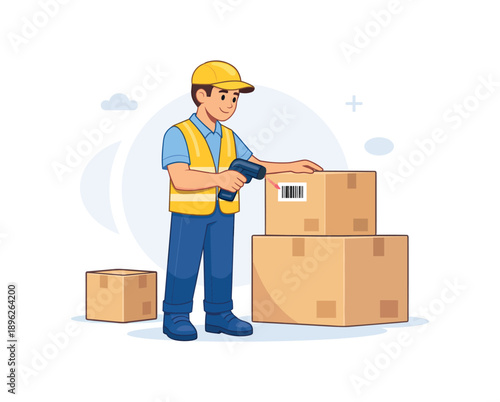 Delivery worker scanning packages with handheld scanner, flat vector illustration