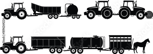 Farm tractor trailer silhouettes, agricultural machinery equipment set with tanker hay wagon livestock transport black silhouette illustration collection