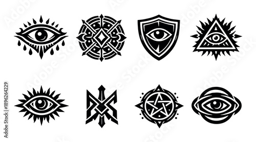 Mystical eye symbols: intricate designs of triangles, shields, and patterns