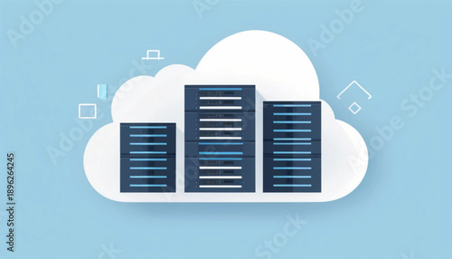 Flat vector icon of cloud computing, data servers inside a cloud, IT technology theme, modern minimalist style, blue and white color palette, clean background