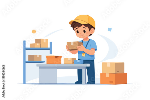 Delivery boy packing boxes in warehouse, flat vector illustration