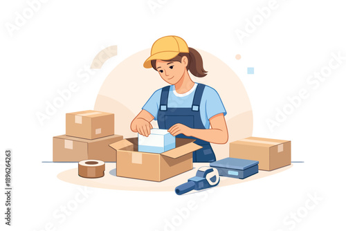 Woman packing boxes with tape dispenser, flat vector illustration