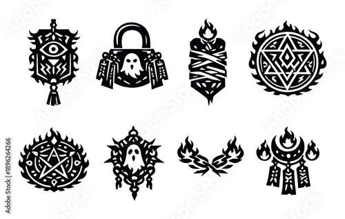 Intricate mystical symbols and icons on dark background