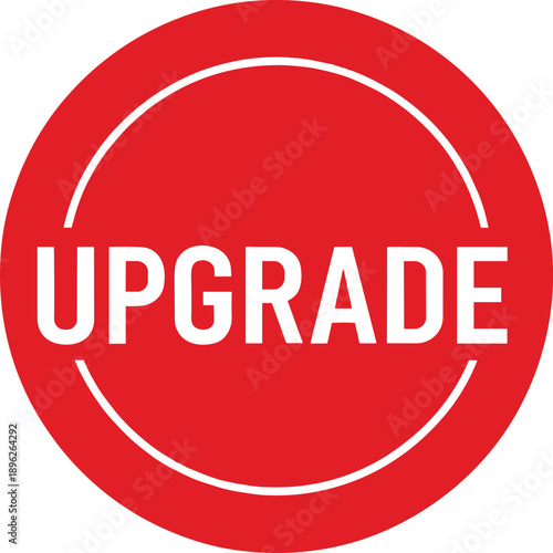 Upgrade red circular badge icon for software update, premium feature promotion, marketing label and call to action