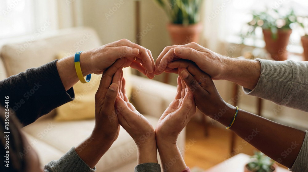 Obraz premium Group of diverse hands forming heart shape indoors for World Down Syndrome Day 