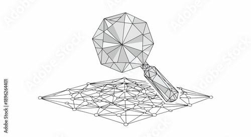 Abstract geometric magnifying glass examining a complex network of interconnected nodes and lines, representing data analysis.
