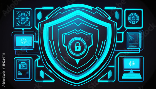 Cyber security icon illustration, shield with digital lock and circuit pattern, modern IT theme, flat vector style, blue neon accent, simple background, 