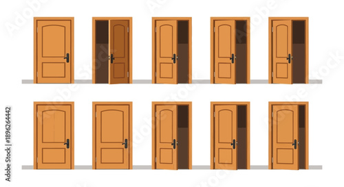 Nine wooden doors in varying stages of being open arranged in a grid