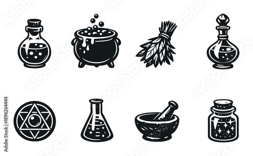 Mystical alchemy symbols featuring cauldron, potion bottles, and herbs