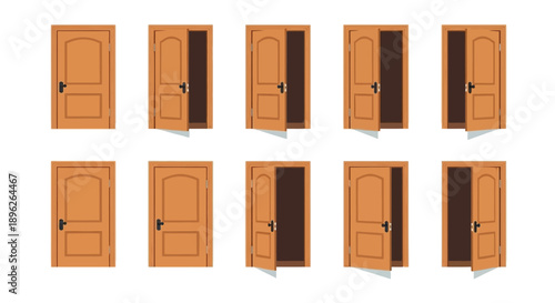Nine wooden doors in varying stages of being open arranged in a grid