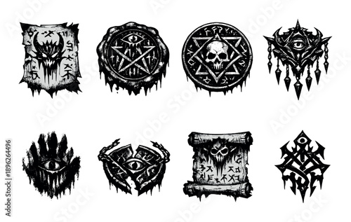Dark mystic emblems of skull, eye, and arcane symbols