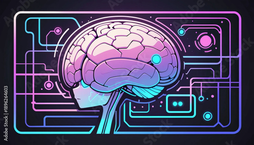 Artificial intelligence icon illustration, human brain with circuit lines, futuristic IT style, flat vector design