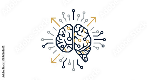 Human Brain Illustration with Circuitry and Arrows.