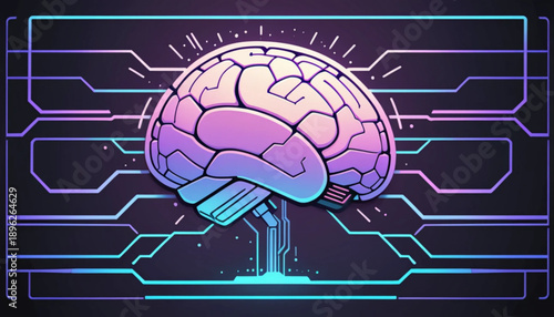 Artificial intelligence icon illustration, human brain with circuit lines, futuristic IT style, flat vector design