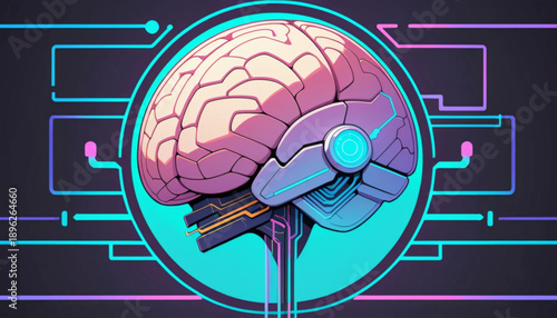 Artificial intelligence icon illustration, human brain with circuit lines, futuristic IT style, flat vector design