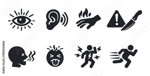 Black and gray icons of eye, ear, fire, knife, warning, smelling, sick, electricity, running
