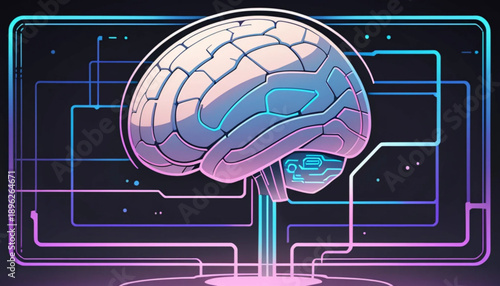 Artificial intelligence icon illustration, human brain with circuit lines, futuristic IT style, flat vector design