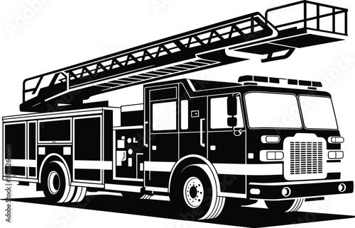 Fire truck silhouette ladder vehicle, emergency rescue engine, firefighting equipment illustration, public safety transport, black vector isolated