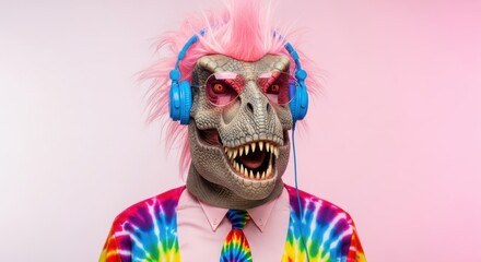 Dinosaur character wearing vibrant tie dye and headphones poses against a light background