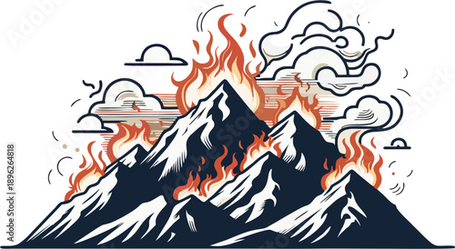 Hand Drawn Sketch Style Burning Mountains Flames Smoke Clouds Volcanic Eruption Peaks Dramatic Silhouette Line Art Vector Illustration