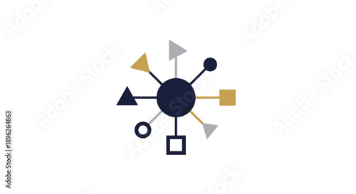 Geometric shapes connected to a central circle in various colors.