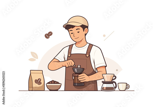 Barista grinding coffee beans at cafe counter, flat vector illustration