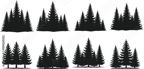 Pine tree silhouette vector set, forest cluster shapes, black minimalist icons for nature, landscape, outdoor, environmental, rustic design themes